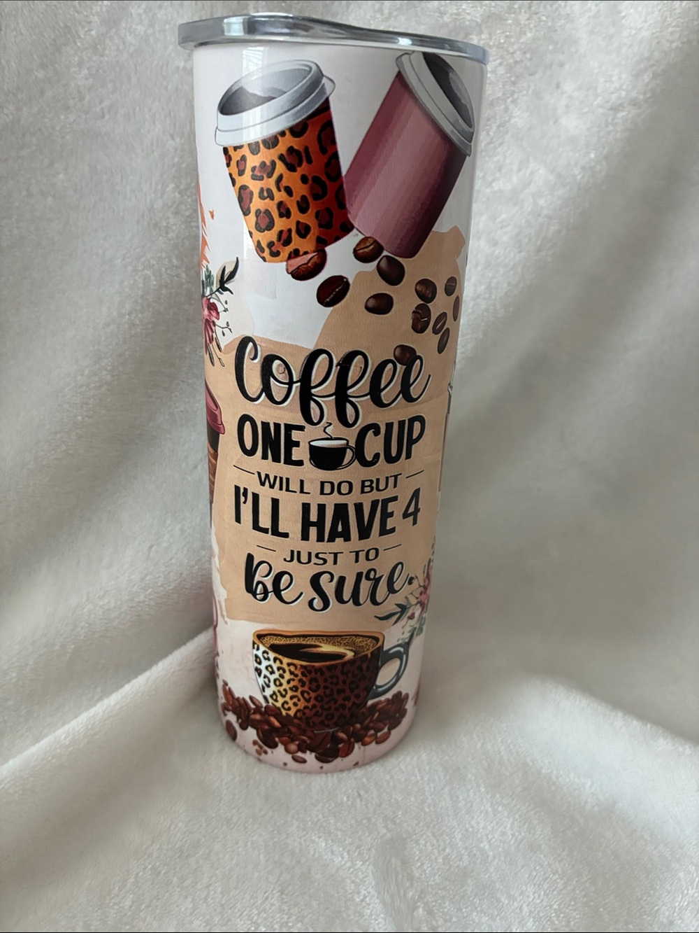 Othr White and Brown Coffee Tumbler with Leopard Print Accents NWOT